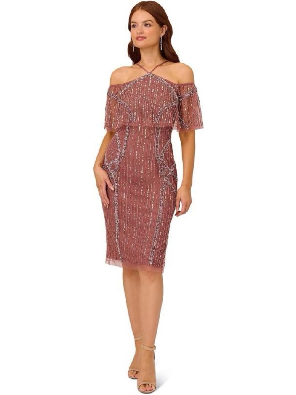 NWT Adrianna Papell Beaded Off Shoulder Midi Dress – Plum – 6